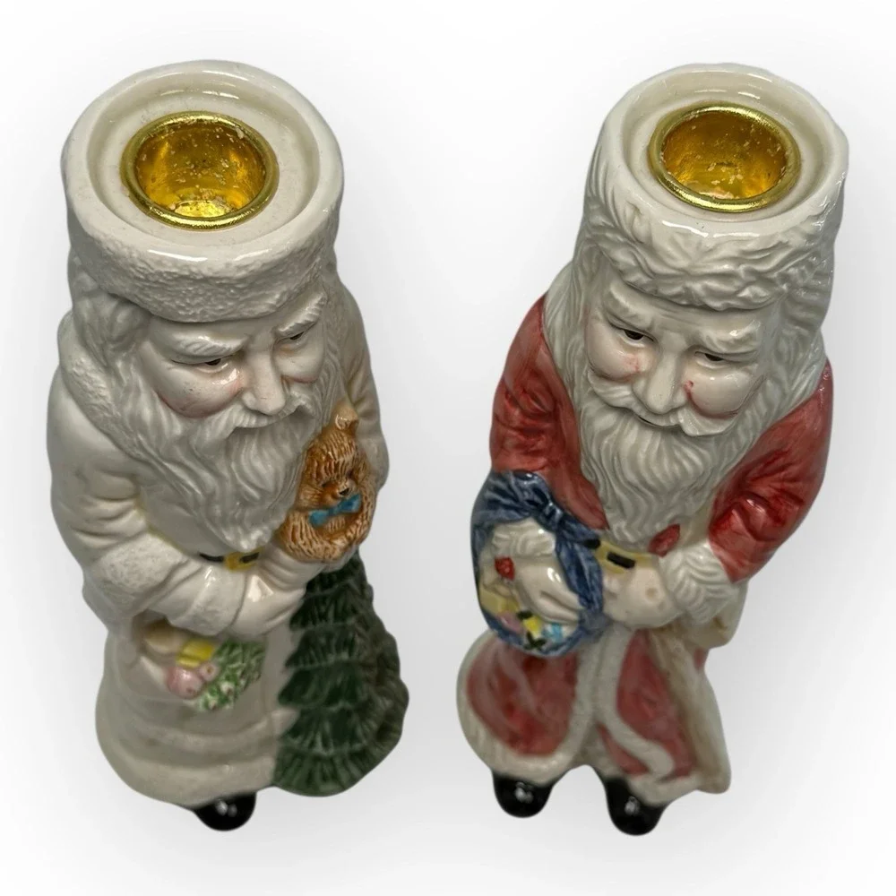 Set of‎ 2 Otagiri Enesco Father Christmas Santa Taper Candle Holders 1995 VTG